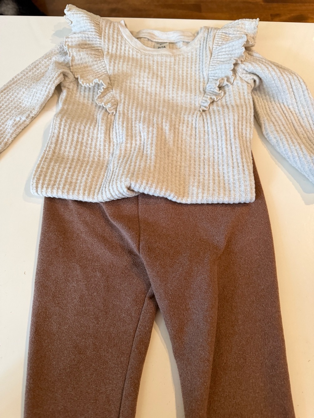 OshKosh B'gosh Cream Waffle Knit Ruffle Top & SHEIN pants